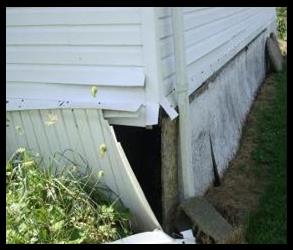 Typical damage to vinyl mobile home skirting due to the ground freezing and thawing and displacing the installation channel.